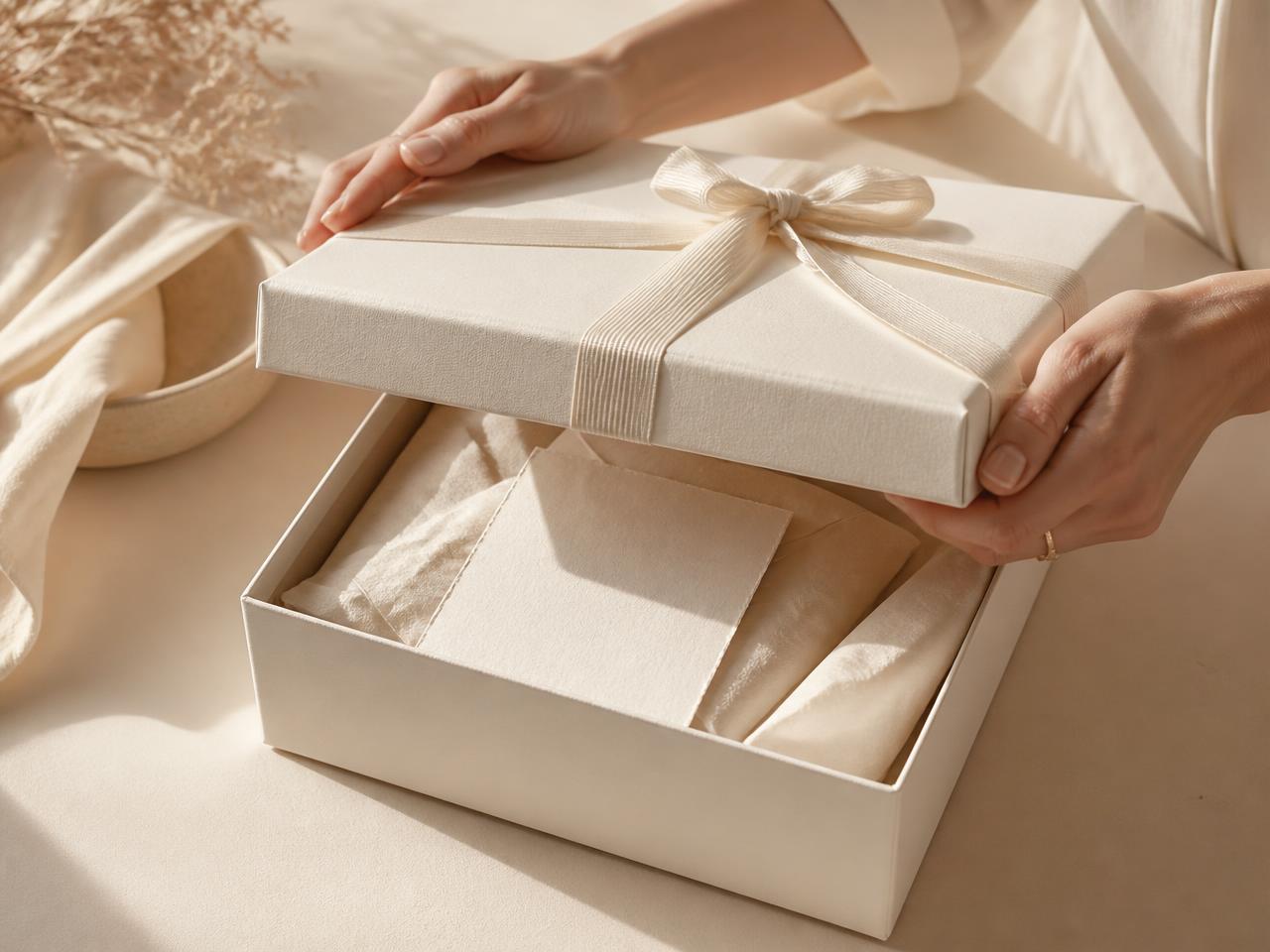 Packaging premium en tonos crema con cinta de algodón